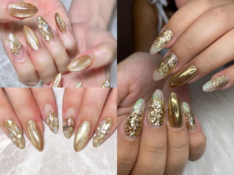 mẫu nail tráng gương màu vàng gold