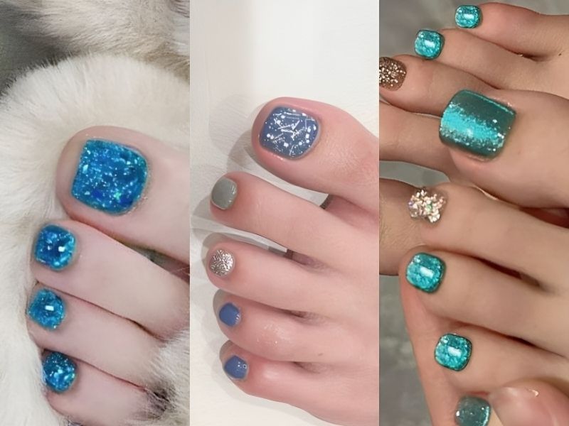 Những mẫu nail chân màu xanh ngọc thạch trong suốt