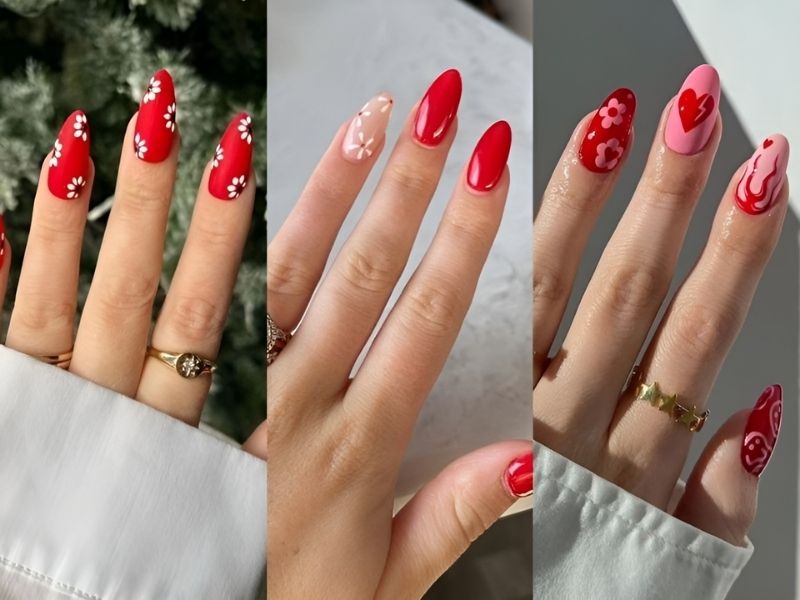 Những mẫu nail màu đỏ kết hợp vẽ họa tiết đơn giản