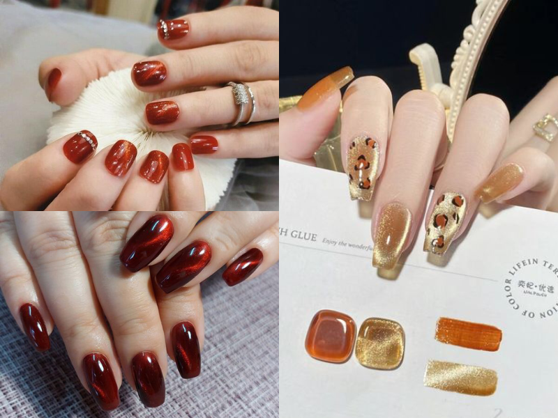 Mẫu nail mắt mèo nâu có họa tiết