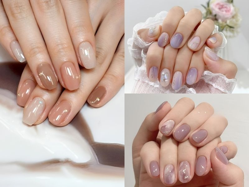 Nail màu nude, nail màu tím