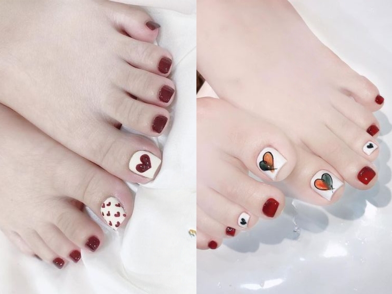 mẫu nail chân đơn giản trái tim màu đỏ