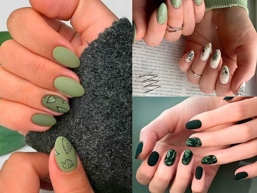 Mẫu nail xanh hoạ tiết hoa lá