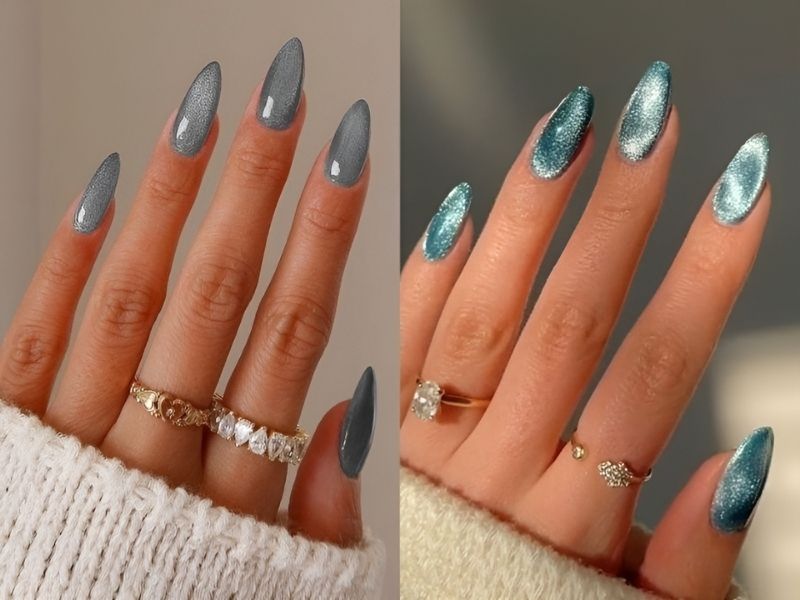 Mẫu nail mắt mèo màu xanh dương pha xanh lá nhạt 