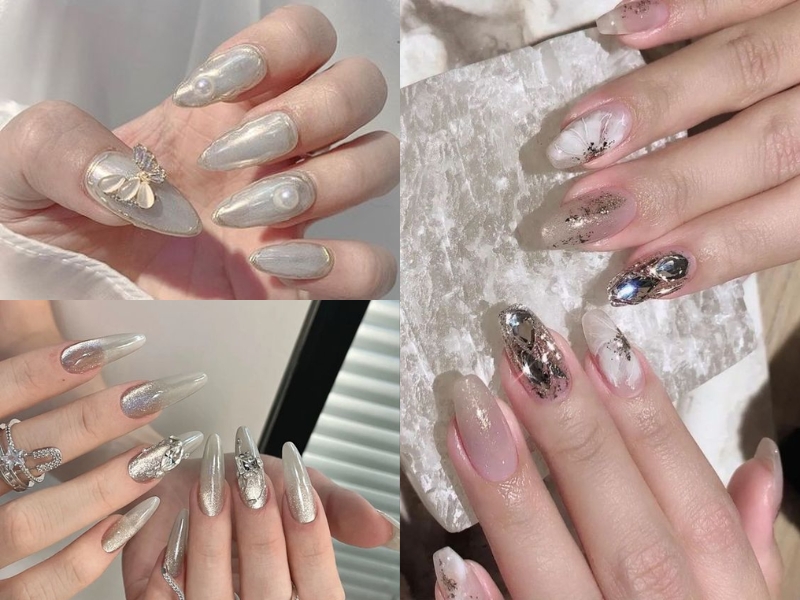 mẫu nail tráng gương đính đá