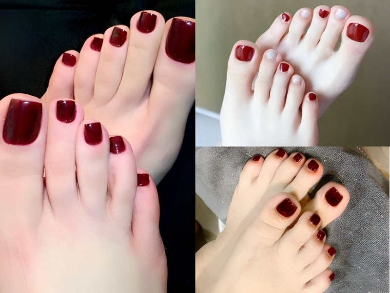 Nail chân sơn bóng màu đỏ rượu