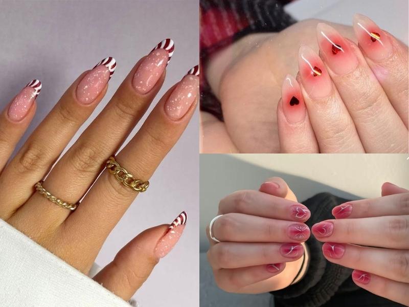 Nail tone màu hồng nhạt kẻ vân đá, trái tim