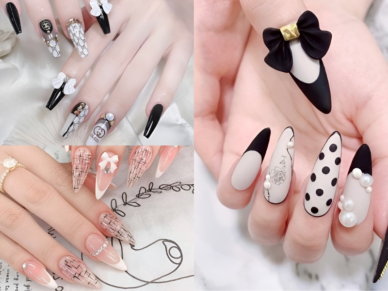 Nail đính nơ kết hợp hoạ tiết lạ mắt. (Nguồn: CARO-NAIL - Pinterest)