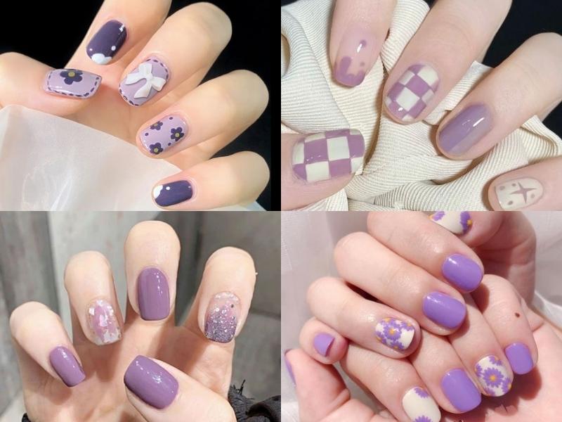 Nail màu tím hoạ tiết caro, vẽ hoa, đính charm