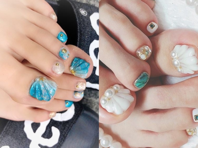 mẫu nail xanh dương vỏ sò đính ngọc trai