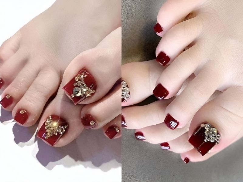 Những mẫu nail màu đỏ đính đá cho chân 