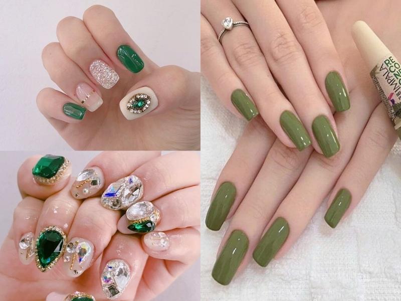 Nail màu xanh lá trơn hoặc đính đá nổi bật