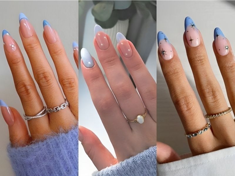 Mẫu nail màu xanh dương nhạt đính đá nhỏ