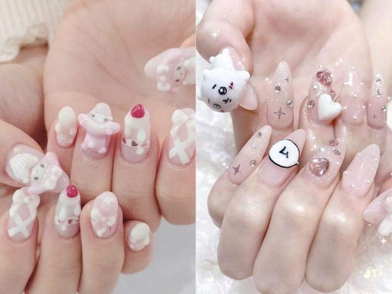 mẫu nail hàn quốc đính charm hoạt hình sơn màu sáng