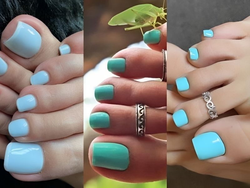 những Mẫu nail chân màu xanh ngọc trơn