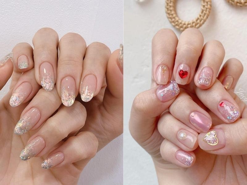 Mẫu nail màu hồng ánh nhũ 