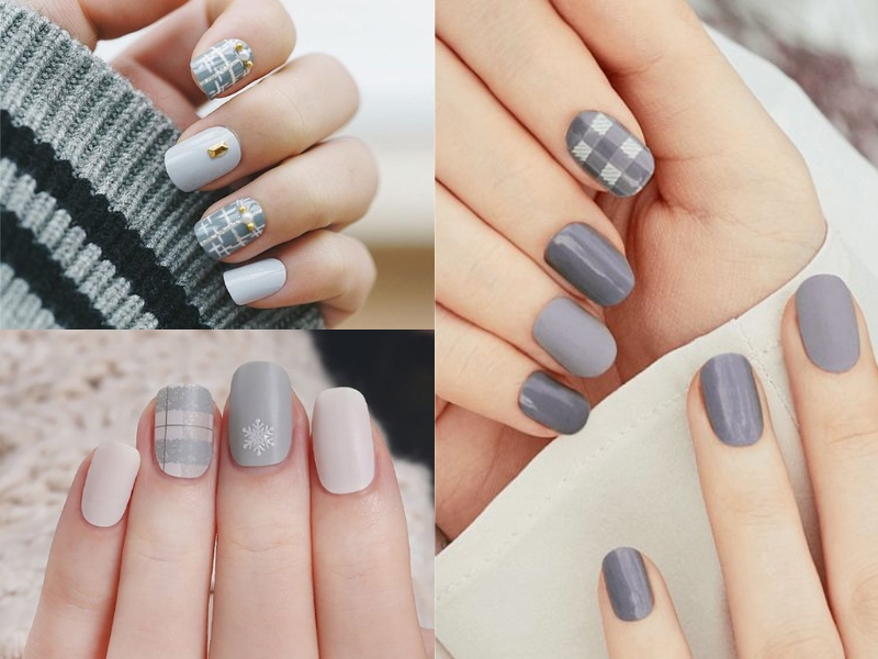 Mẫu nail caro xám đính đá