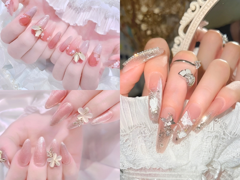 Nail cô dâu mix kim tuyến. (Nguồn: Anya - Pinterest)