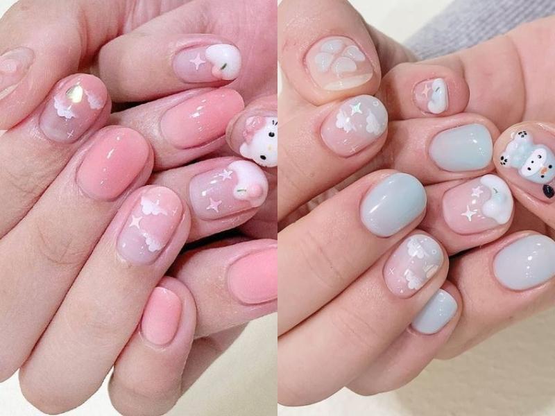 nail họa tiết bầu trời màu hồng, xanh