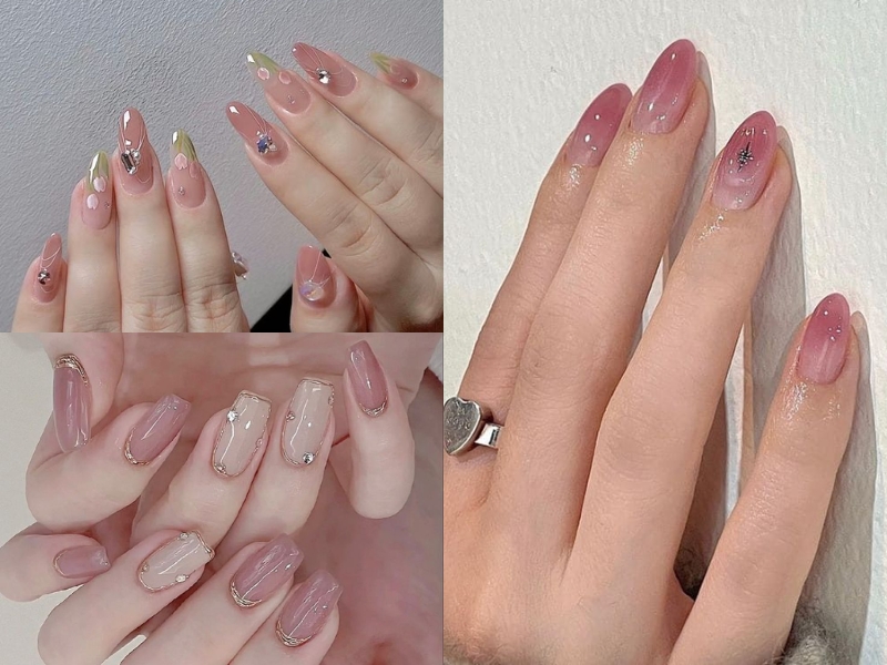 mẫu nail tráng gương hồng đính đá