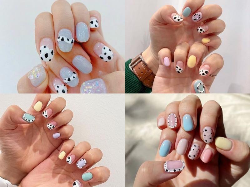 mẫu nail họa tiết bò sữa nhiều màu tươi sáng