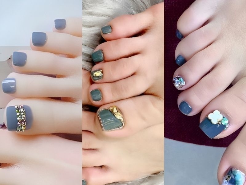 Những mẫu nail chân màu xanh ngọc đính đá 