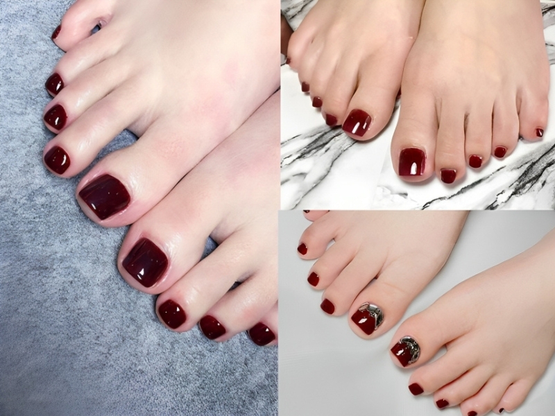 Nail chân sơn bóng màu đỏ rượu