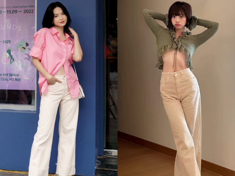 Quần jean màu be phối với áo sơ mi, Quần jean màu be phối với áo croptop