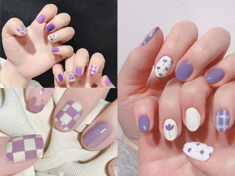 Mẫu nail caro tím họa tiết hoa lá