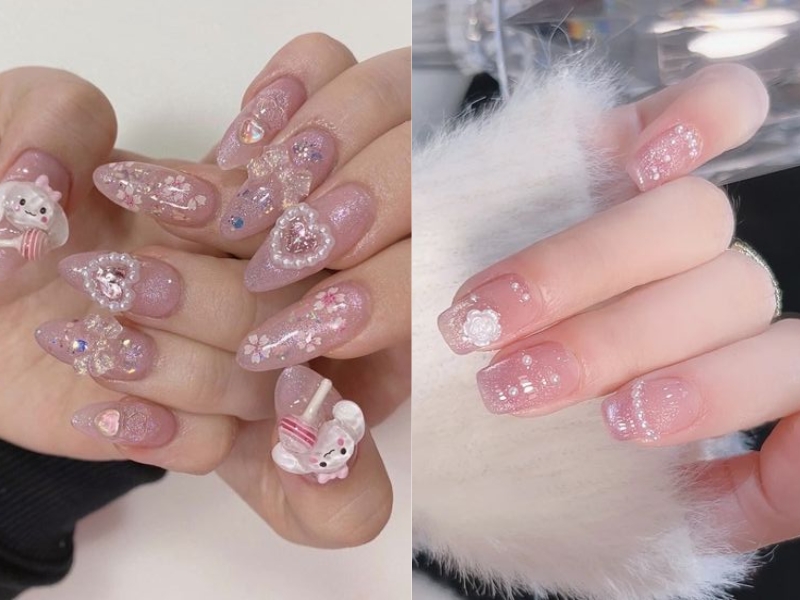 nail màu hồng thạch hạt ngọc