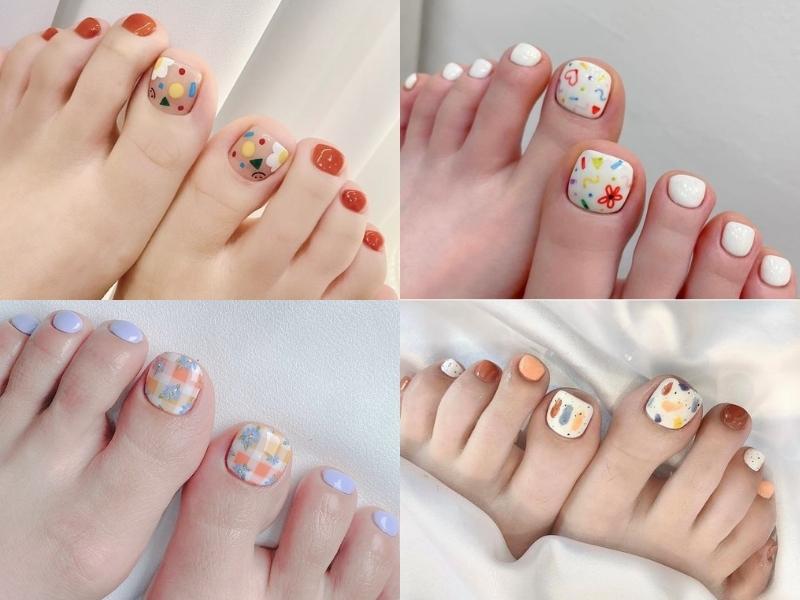 Bộ nail chân trắng họa tiết pastel