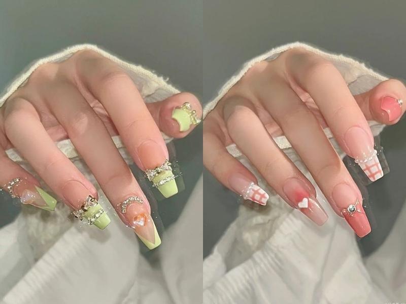 Mẫu nail tay màu xanh lá và hồng họa tiết đính đá