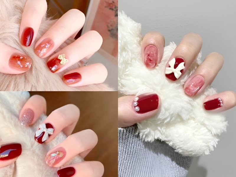 Nail đính nơ tông đỏ rực rỡ. (Nguồn: Moonnnnn_1712 - Pinterest)