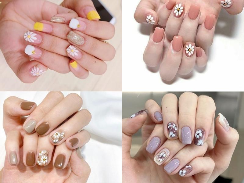 Mẫu nail ngắn Hàn Quốc vẽ hoa