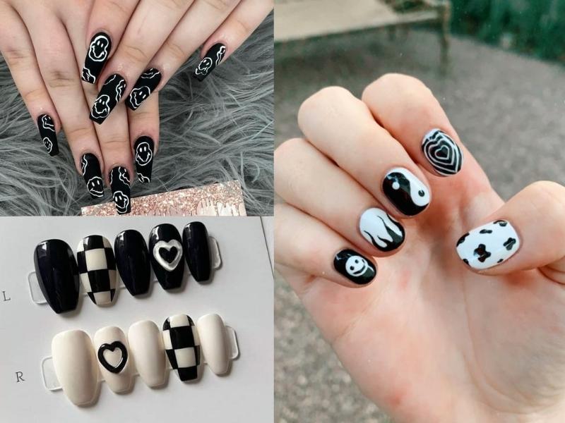 Nail màu đen phối trắng