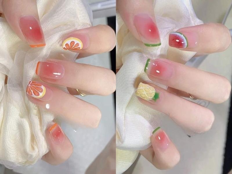  nail họa tiết trái cây màu hồng, cam