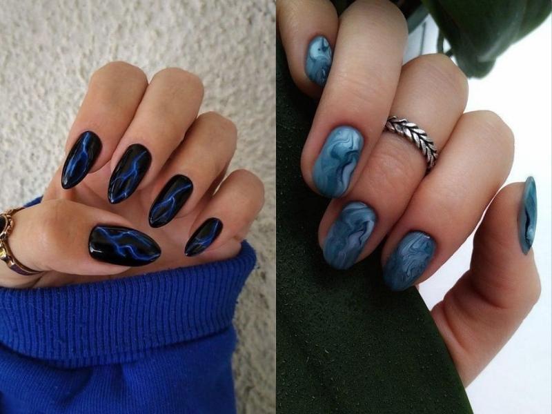 Mẫu nail màu xanh vân đá huyền bí