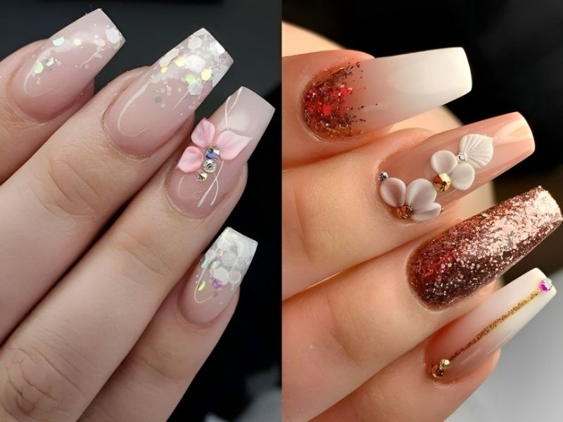 Mẫu nail kim tuyến kết hợp đắp bột