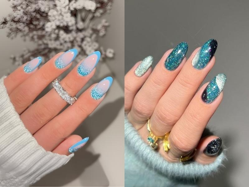 Mẫu nail kim tuyến ombre cho móng nhọn cực chất (Nguồn: Mugiwara 自由, HowLifeStyles)