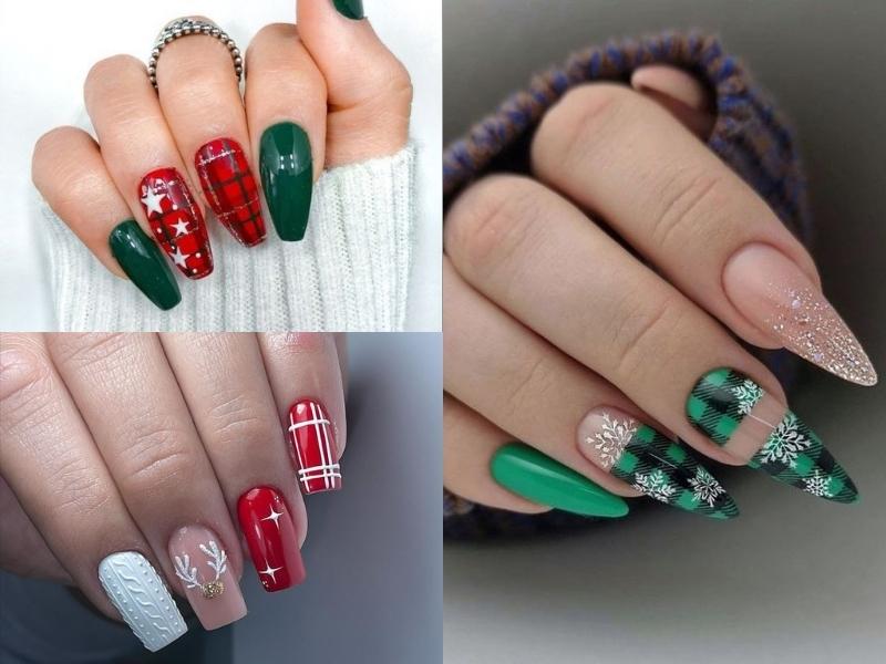 Nail tone đỏ và xanh lá kẻ sọc