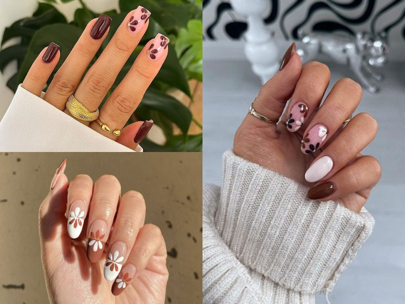 Nail màu nâu họa tiết hoa 