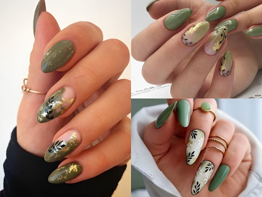 Mẫu nail xanh hoạ tiết hoa và lá 