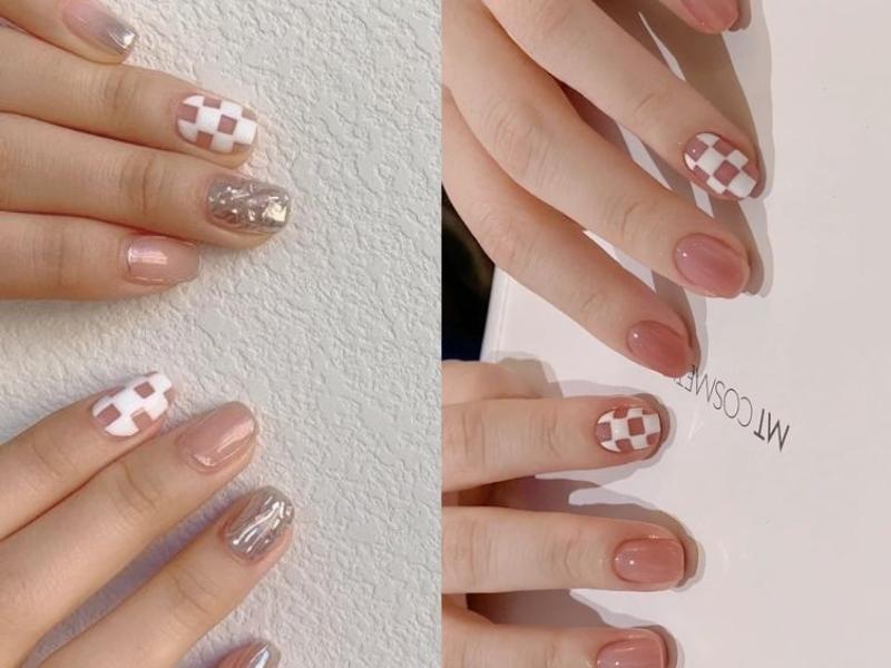 Mẫu nail ngắn Hàn Quốc kẻ ô với màu trắng - hồng 