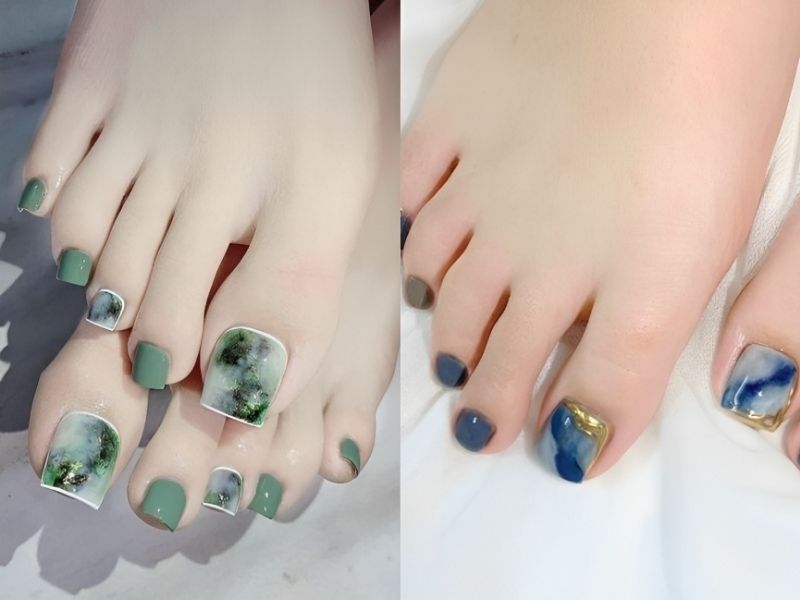 Mẫu nail chân màu xanh ngọc họa tiết vân đá 