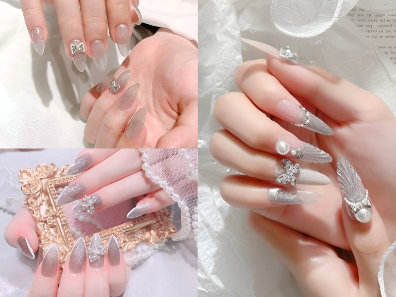 Nail đính nơ kim tuyến sang trọng. (Nguồn: Ye_n.en - Pinterest)