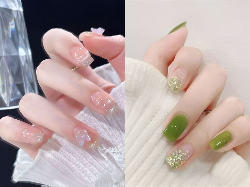 Nail ánh nhũ hồng, xanh đơn giản