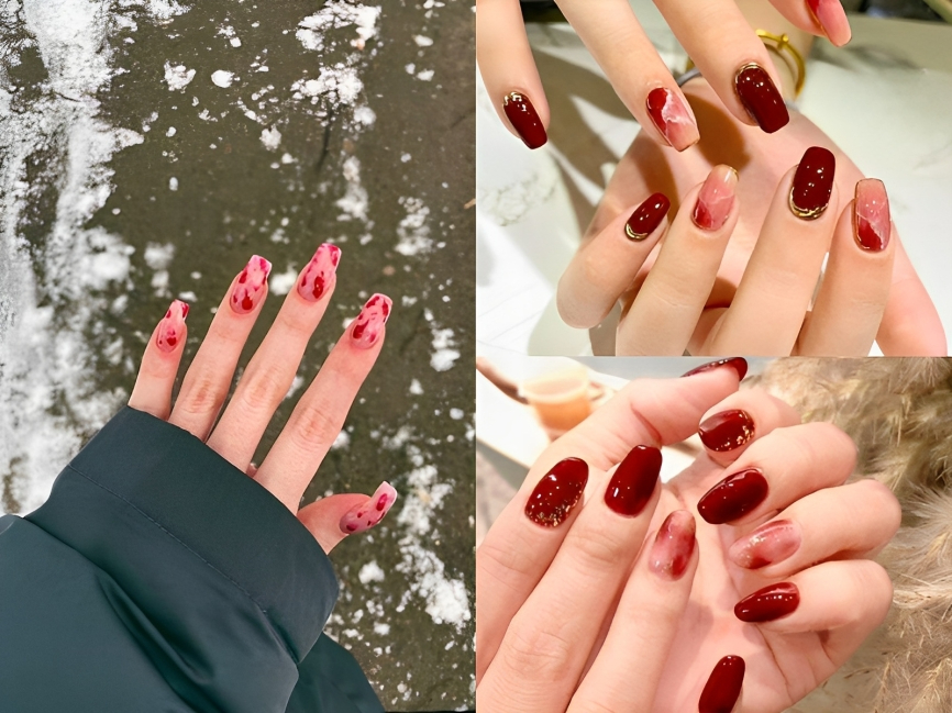 Nail vân đá đỏ loang trắng