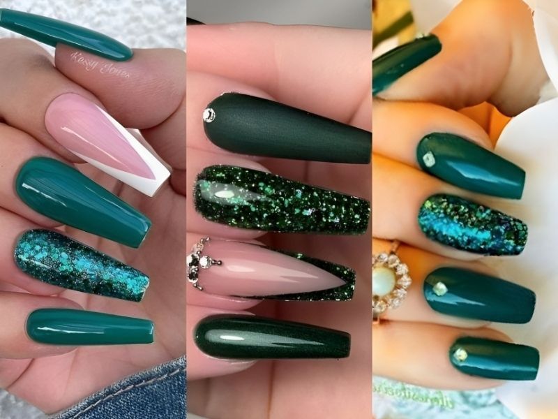 Mẫu nail kim tuyến màu xanh lục 