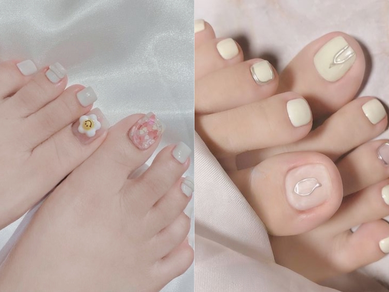 mẫu nail chân Hàn Quốc màu hồng, vàng