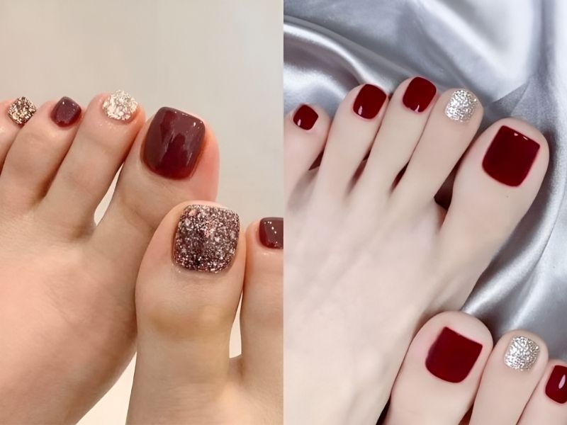 mẫu nail móng chân đỏ sậm kim tuyến